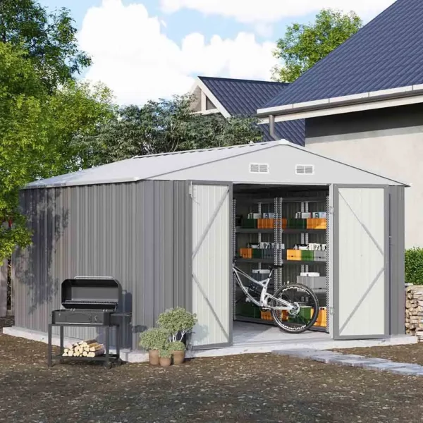 patiowell-10x10-large-storage-metal-shed-cool-gray-scene-2 Patiowell 10x10 Metal Storage Shed with Weather-Resistance, Gray