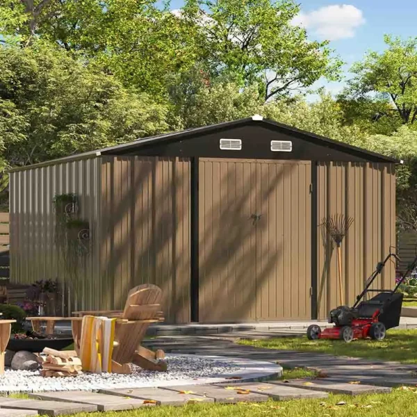 Patiowell 10x10 Metal Storage Shed with Floor Frame, Brown